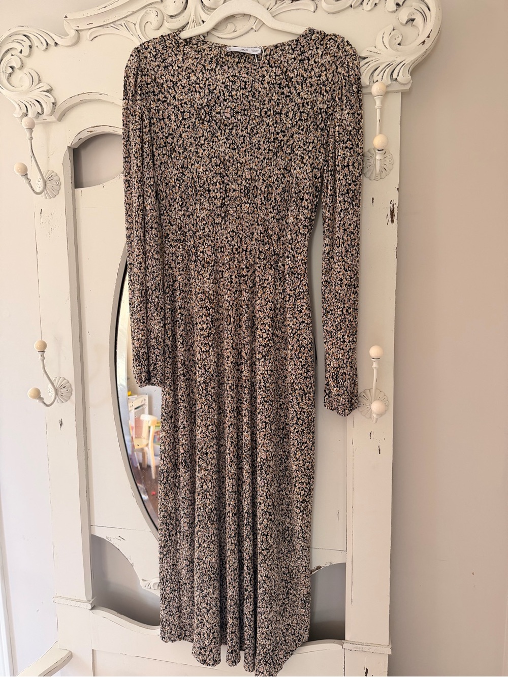 Mango Long Sleeve Midi Dress in Beige and Black Floral Print
